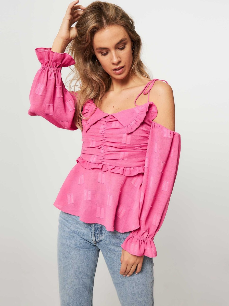 Women Hofmann Copenhagen Tops And Blouses | Mika, Woven Off Shoulder Top With Pattern Pink