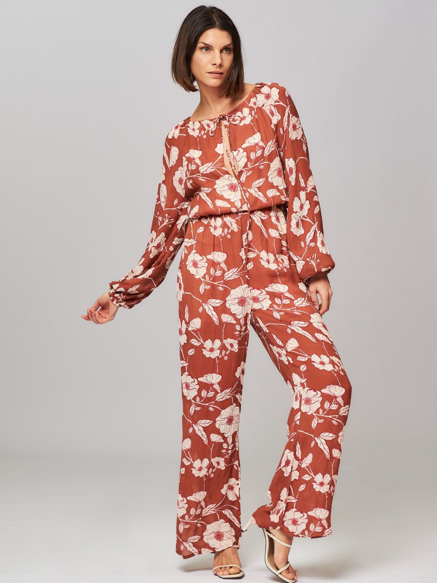 Women Poppy Field Pants And Jumpsuits | Kassia, Viscose Jumpsuit With Print Cognac