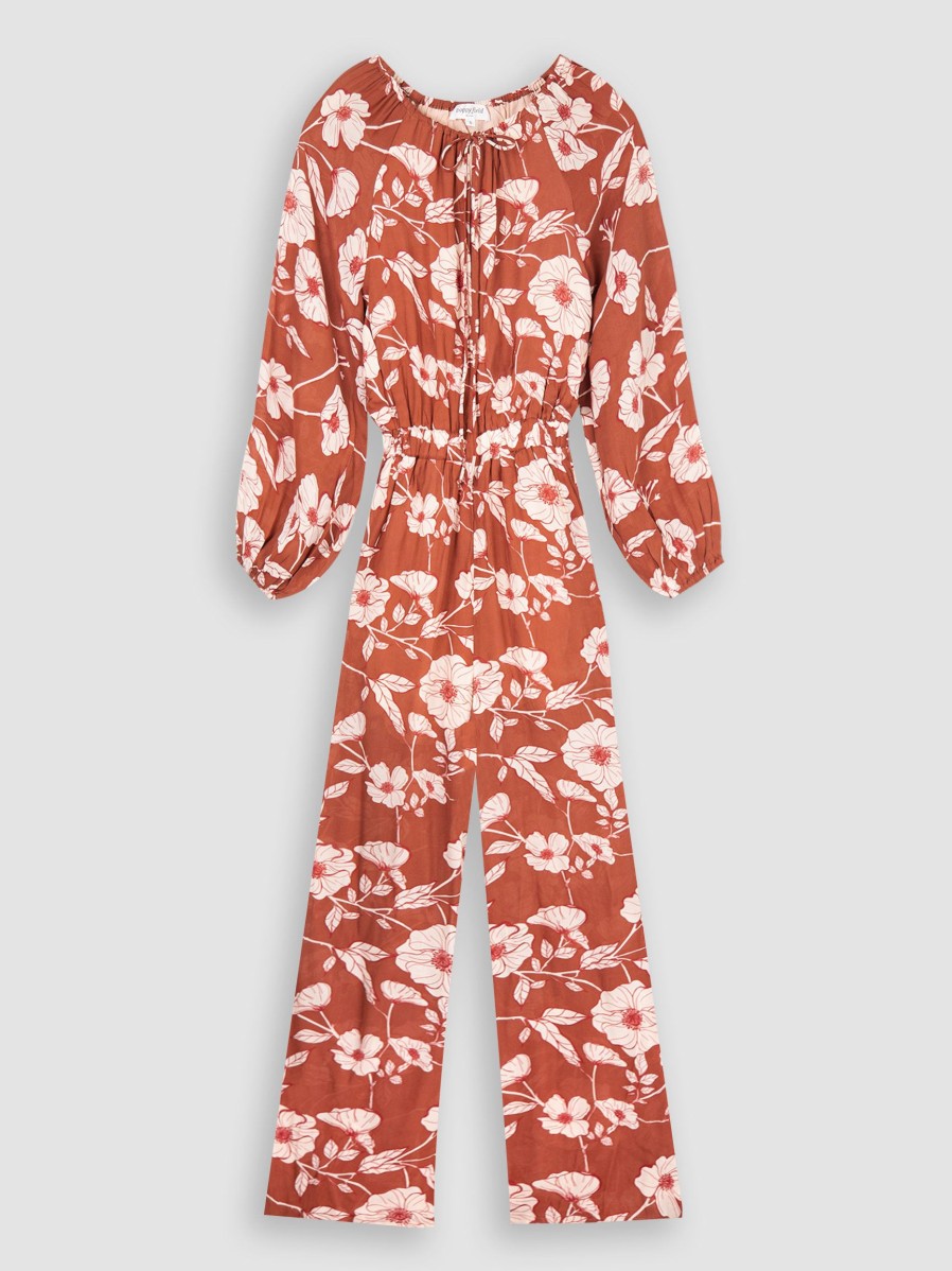 Women Poppy Field Pants And Jumpsuits | Kassia, Viscose Jumpsuit With Print Cognac