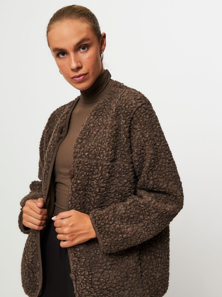 Women Club L’avenir Outerwear | Lano, Wool Mix Teddy Jacket Dark Brown