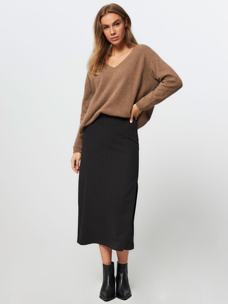 Women Modstrom Skirts | Grayson, Rayon Mix Pencil Skirt With Pinstripe Dark Brown