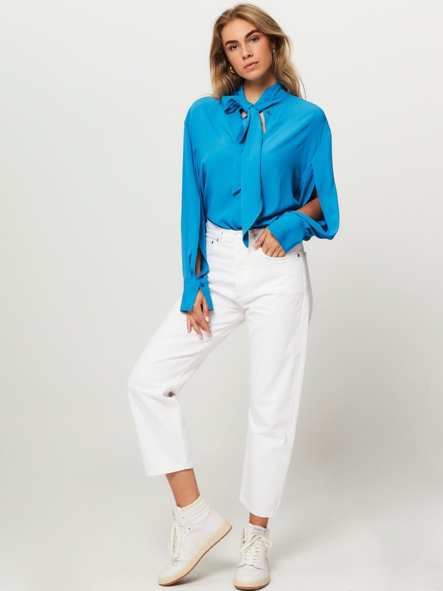 Women Semicouture Tops And Blouses | Silk Mix Blouse Blue