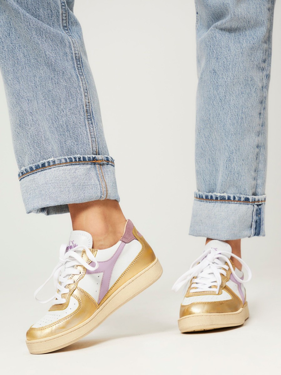 Women Diadora Sneakers | Mi Basket, Leather Metallic Sneakers Gold Colour