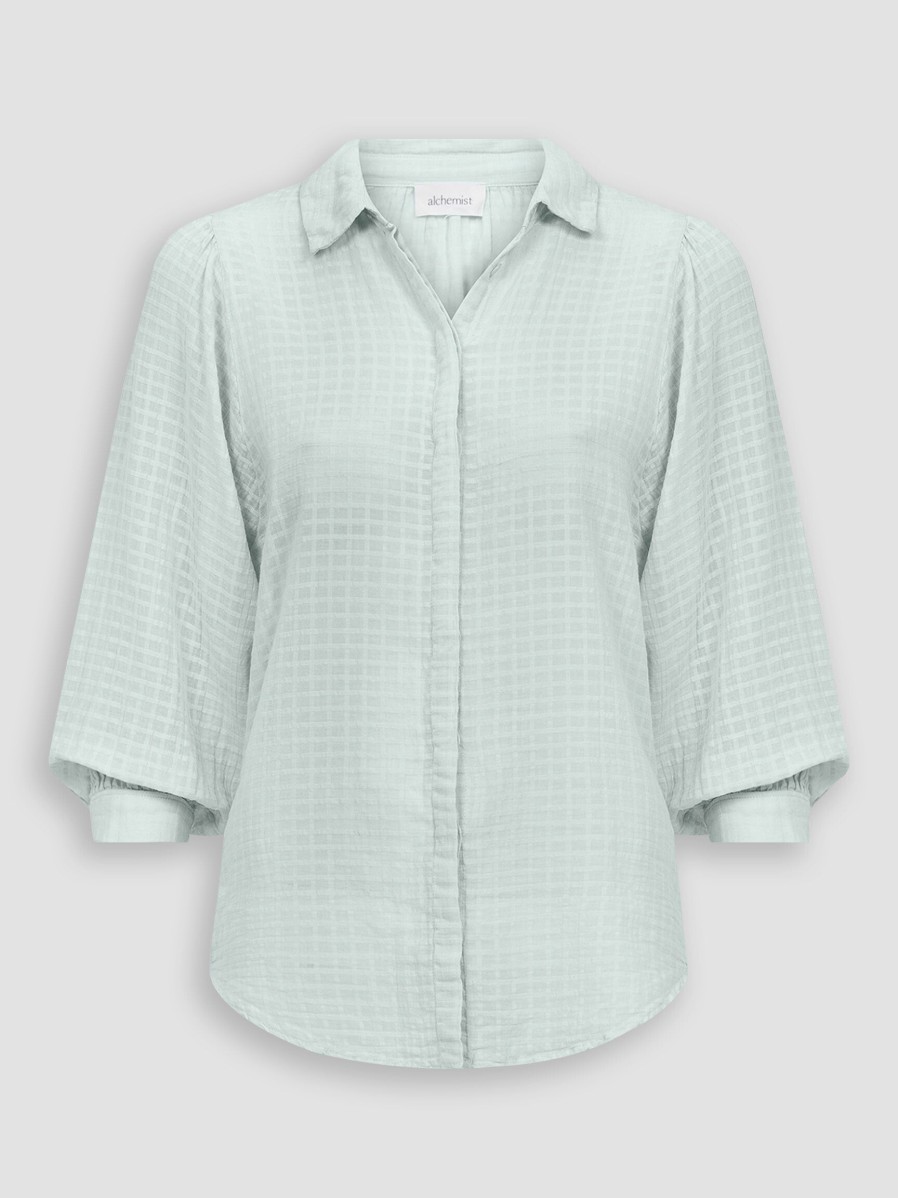 Women Alchemist Tops And Blouses | Chelsea, Cotton Blouse With Checkered Pattern Mint Green