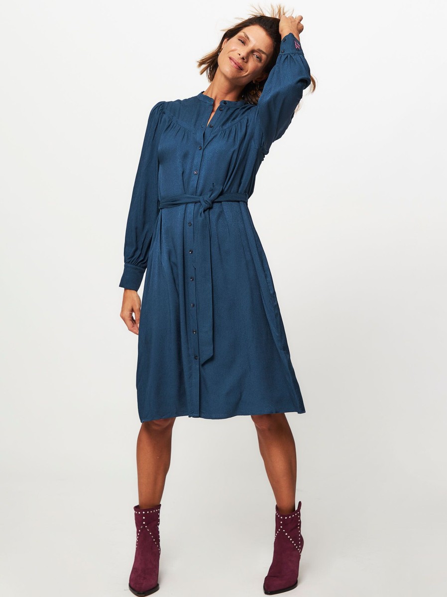 Women POM Amsterdam Dresses And Tunics | Viscose Button Down Dress With Pattern Petrol