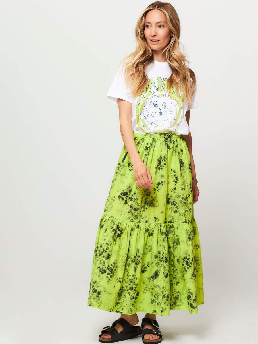 Women Ganni Skirts | Organic Cotton A-Line Skirt With Print Lime Green