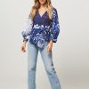 Women Mes Demoiselles Tops And Blouses | Cemini, Linen Wrap Over Top With Print Dark Blue