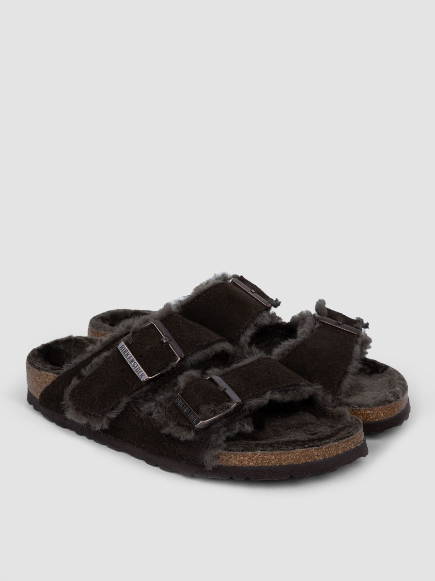 Women Birkenstock Flip Flops | Boston Shearling, Suede Flip Flops Dark Brown