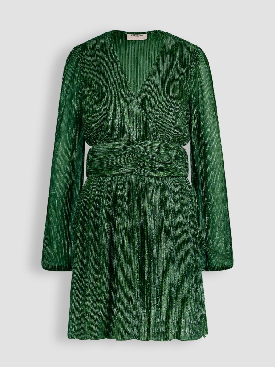 Women Freebird Dresses And Tunics | Kairo, Woven Plisse Dress With Lurex Green