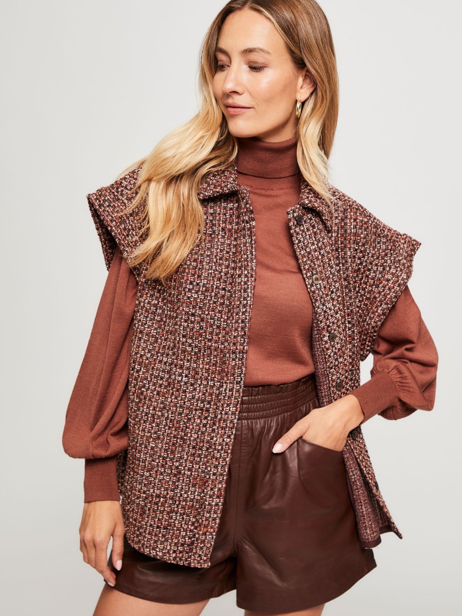 Women Ruby Tuesday Blazers And Jackets | Chama, Viscose Mix Tweed Gilet With Lurex Stone Red