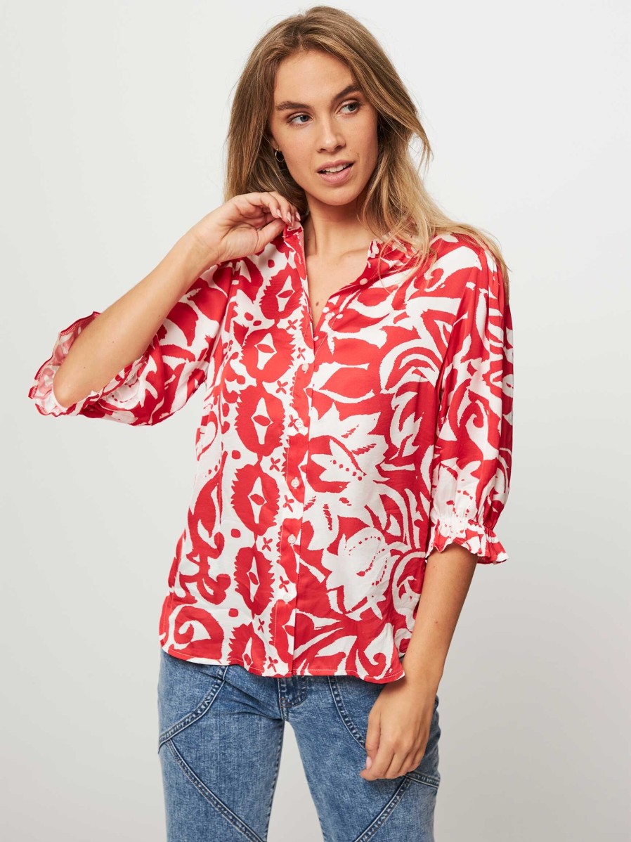 Women Studio Anneloes Tops And Blouses | Fawn Flora, Viscose Blouse With Print Red