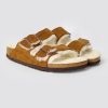 Women Birkenstock Flip Flops | Arizona Shearling, Suede Big Buckle Flip Flops Cognac