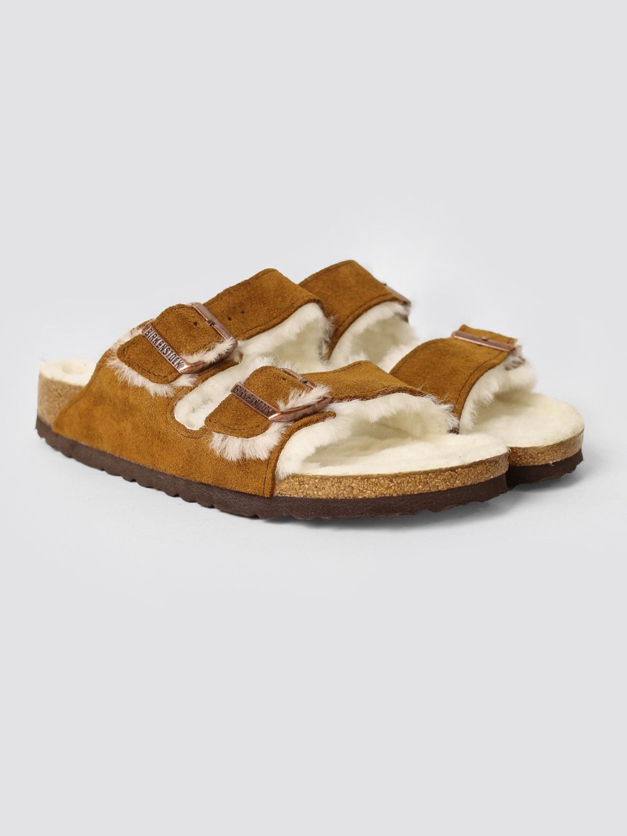 Women Birkenstock Flip Flops | Arizona Shearling, Suede Big Buckle Flip Flops Cognac