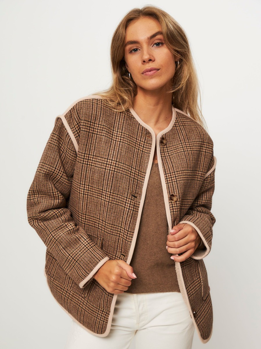 Women Suncoo Outerwear | Elho, Wolmix Reversible Jacket With Pattern Camel