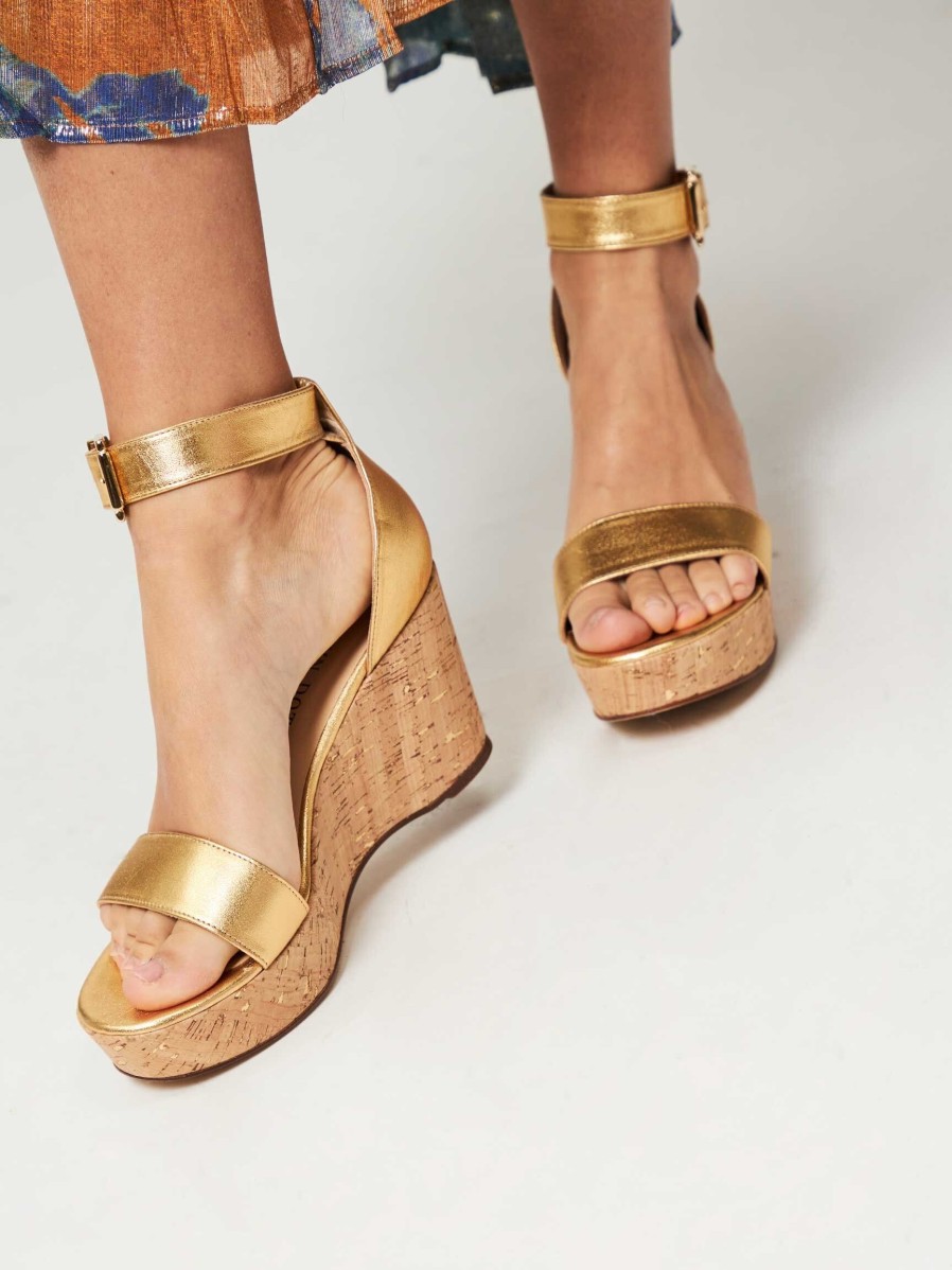 Women Brown Dot. Sandals | Keira, Leather Wedges Gold Colour