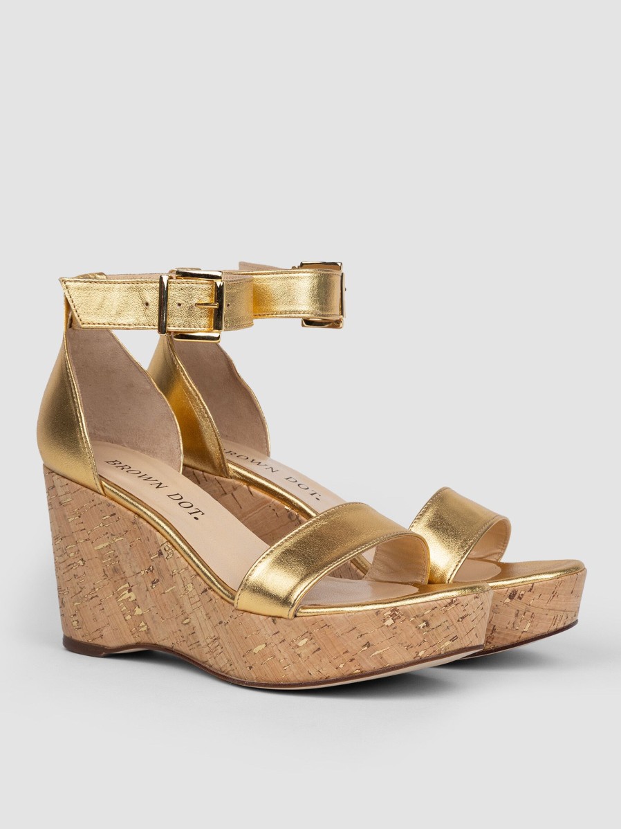 Women Brown Dot. Sandals | Keira, Leather Wedges Gold Colour