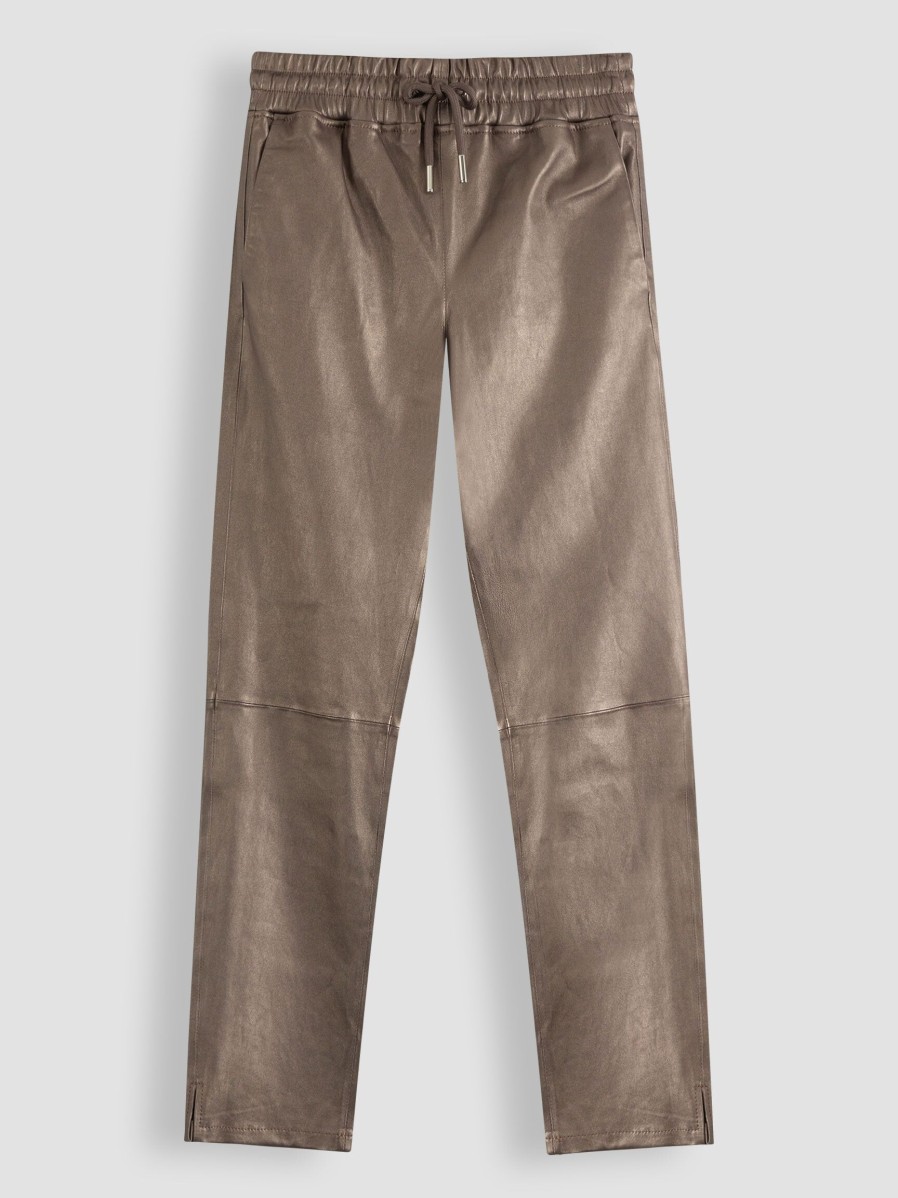 Women Studio AR Pants And Jumpsuits | Naomi, Leather Metallic Relaxed Fit Trousers Taupe