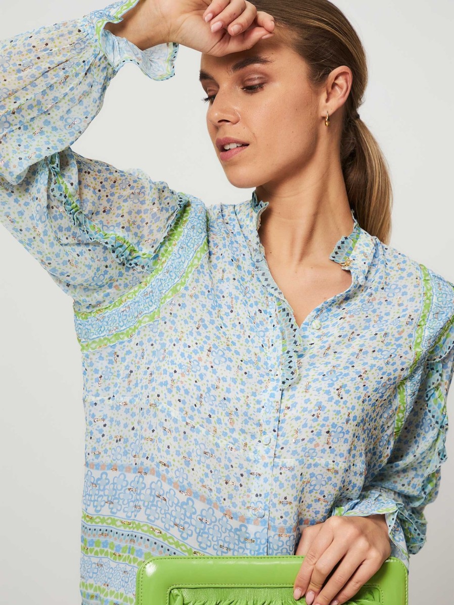 Women Fabienne Chapot Tops And Blouses | Etje, Viscose Mix Blouse With Print Light Blue