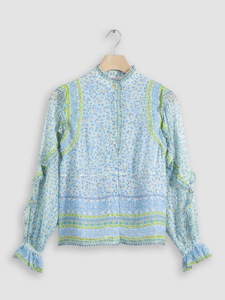 Women Fabienne Chapot Tops And Blouses | Etje, Viscose Mix Blouse With Print Light Blue