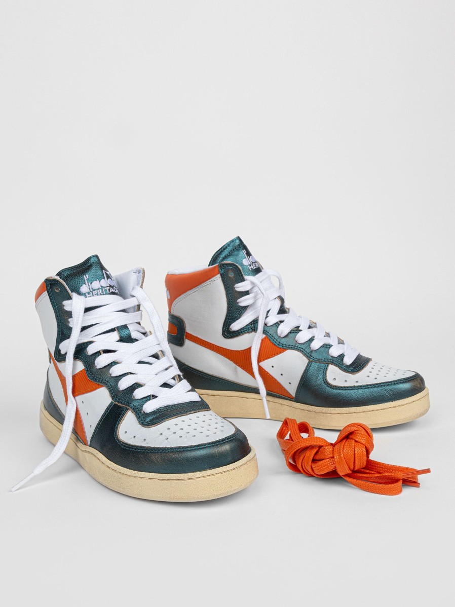 Women Diadora Sneakers | Mi Basket, Leather High Metallic Sneakers Orange