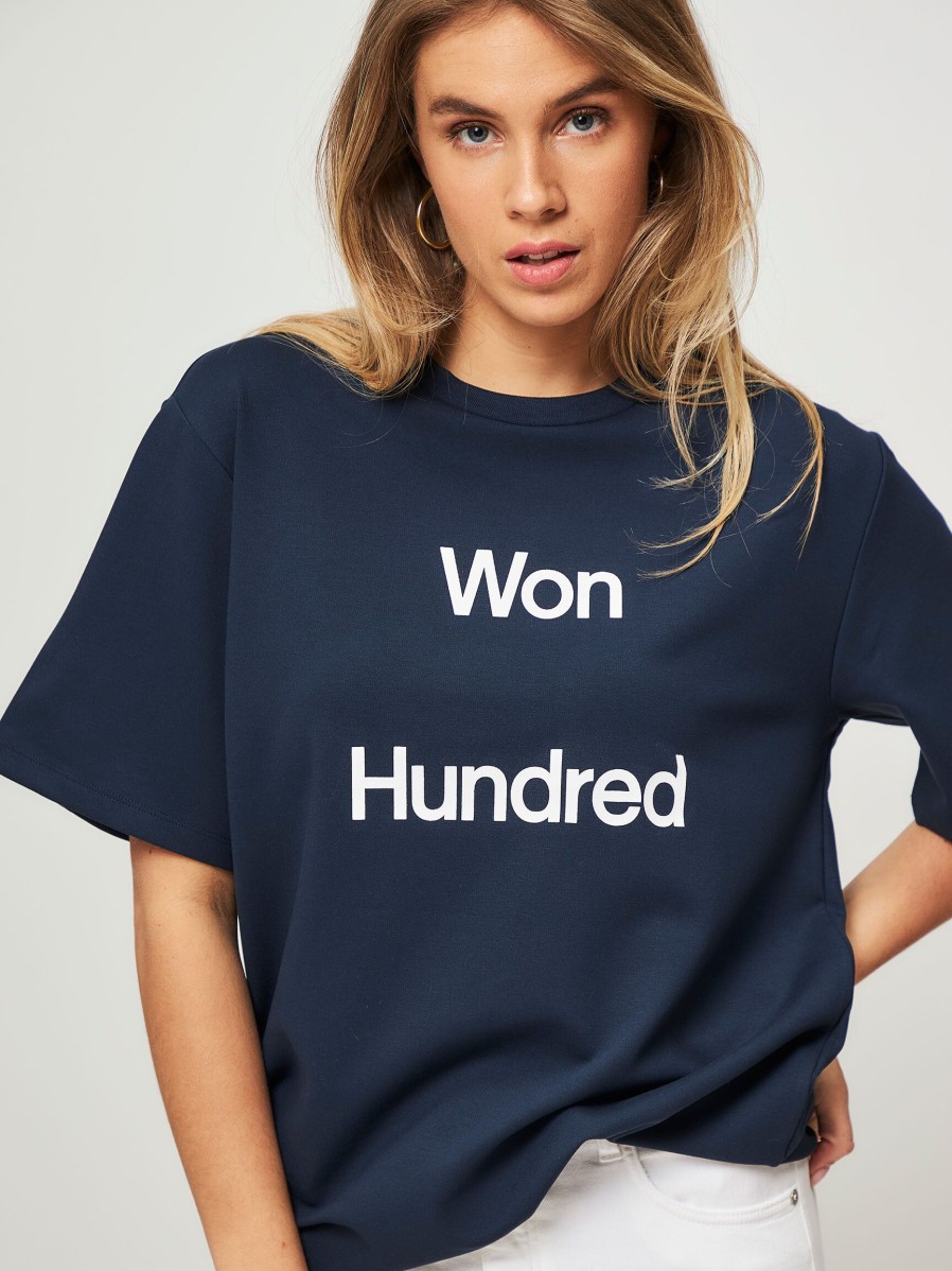 Women Won Hundred Tops And Blouses | Talinn, Viscose Mix Logo Oversized Top Dark Blue