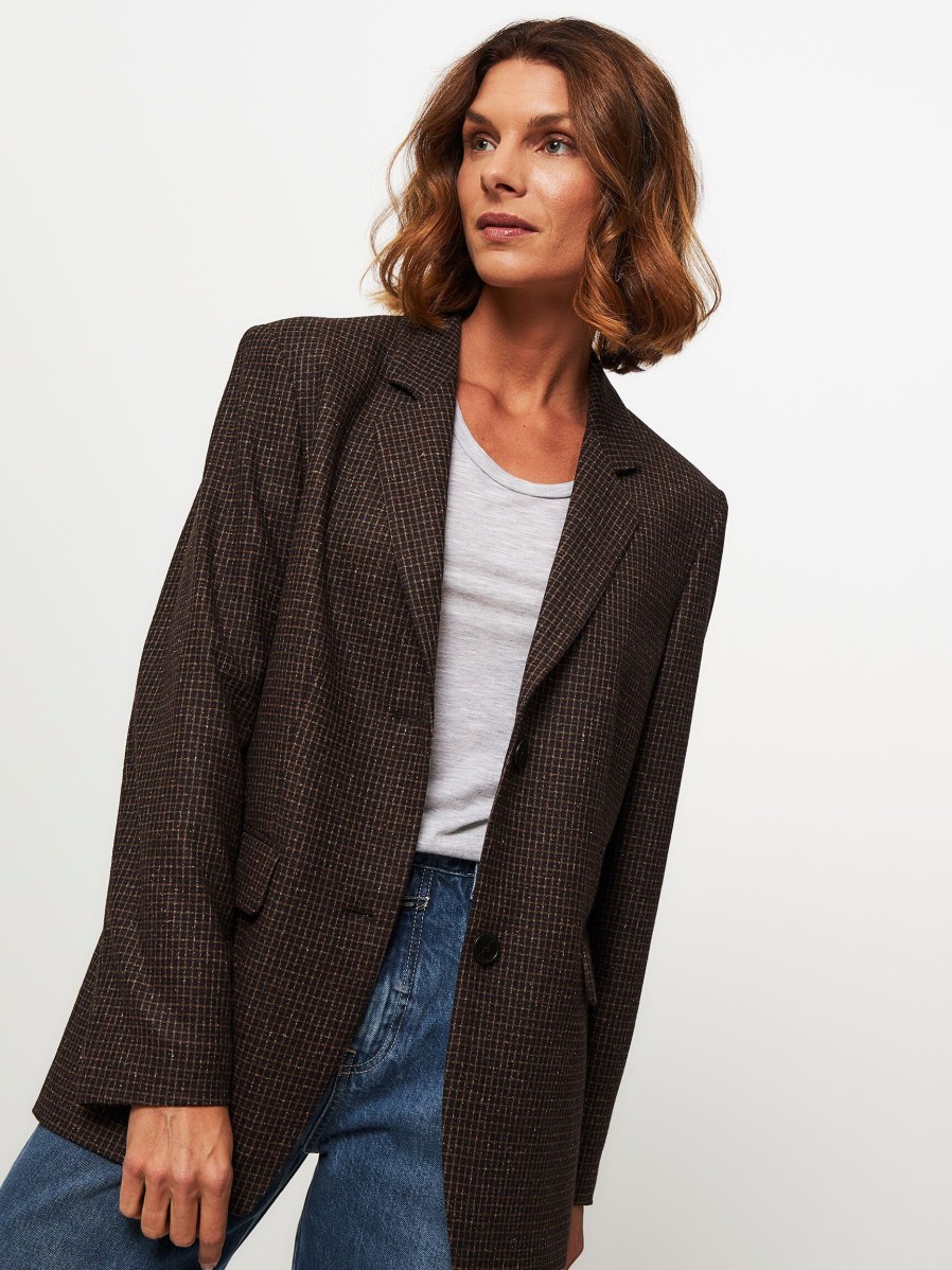 Women Closed Blazers And Jackets | Lola, Wool Mix Blazer With Checkered Pattern Brown