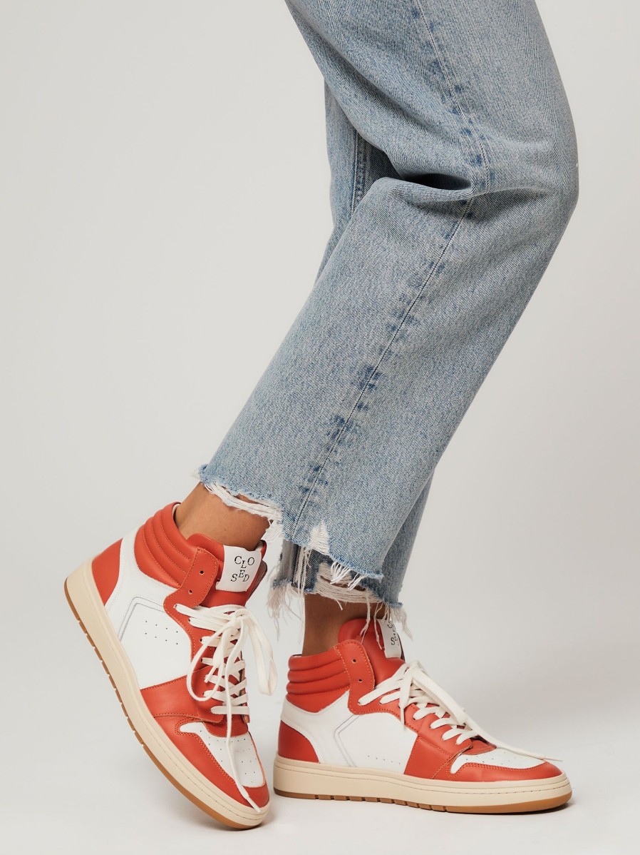 Women Closed Sneakers | Leather High Sneakers Orange