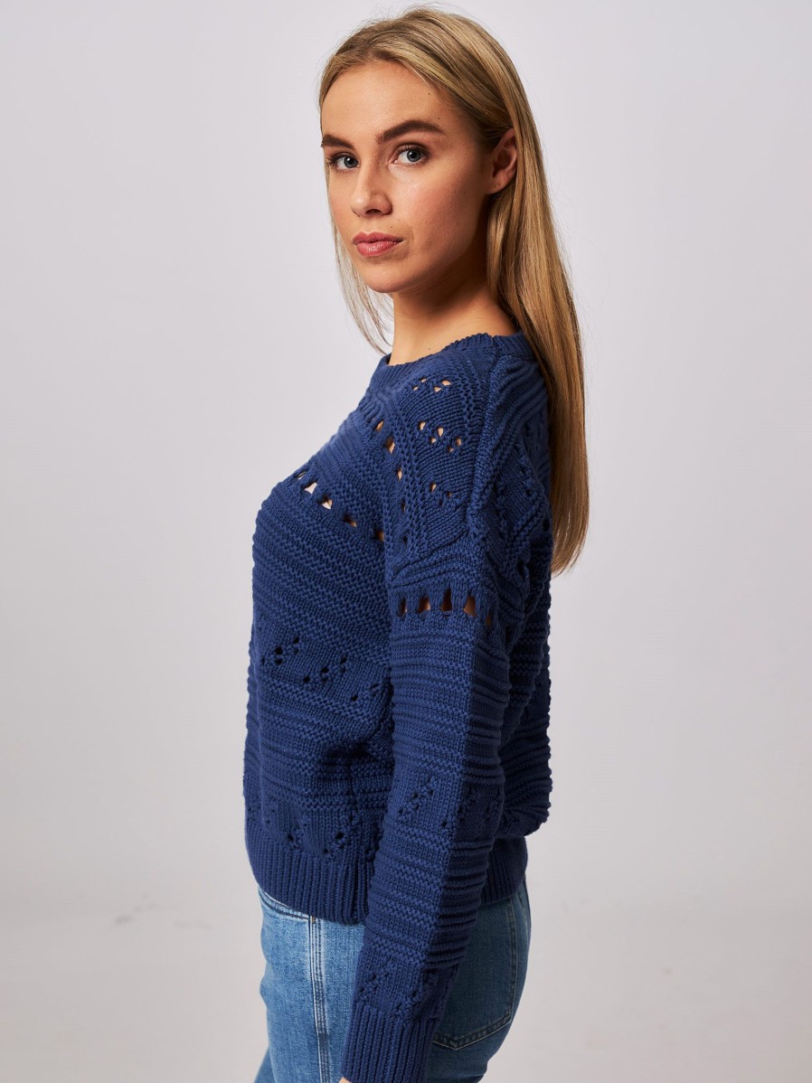 Women Denham Sweaters And Cardigans | Trudy, Cotton Jumper With Open Worked Pattern Dark Blue