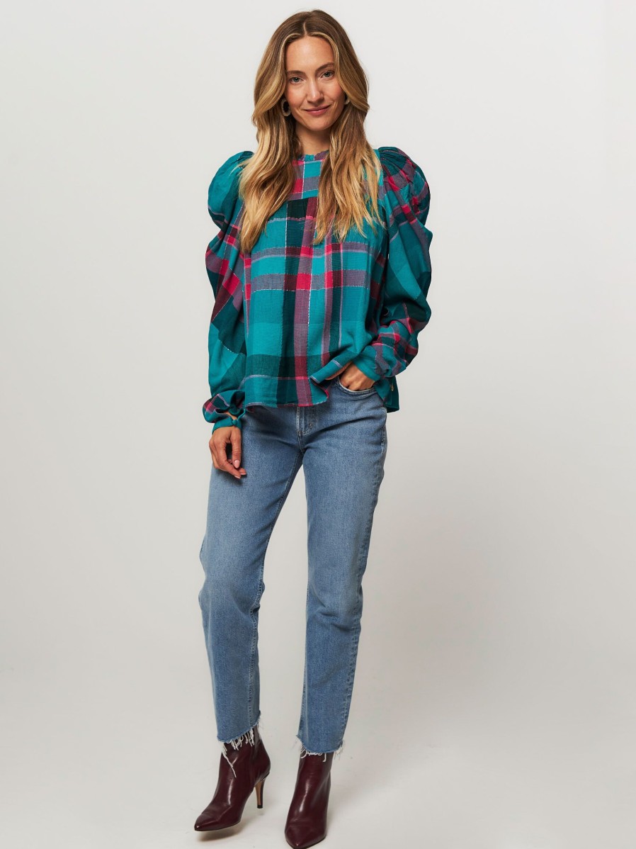 Women Fabienne Chapot Tops And Blouses | Vivi, Viscose Mix Top With Checkered Pattern Bluegreen