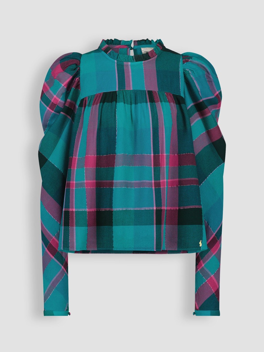 Women Fabienne Chapot Tops And Blouses | Vivi, Viscose Mix Top With Checkered Pattern Bluegreen