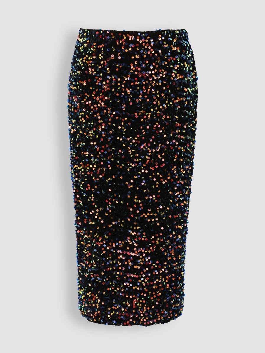 Women Frnch Skirts | Anica, Woven Velvet Sequins Skirt Black