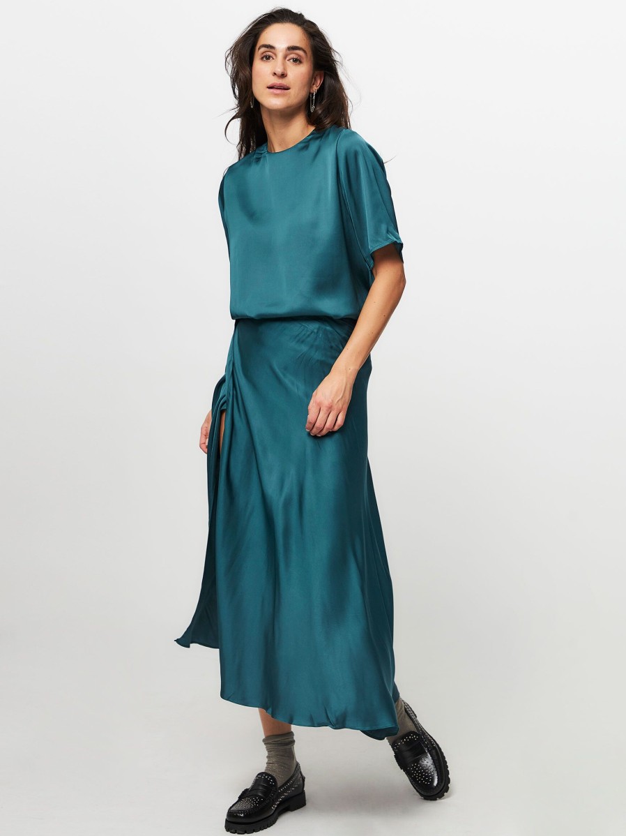 Women Samsoe Samsoe Skirts | Viktoria, Viscose Shiny Wrap Over Skirt Petrol