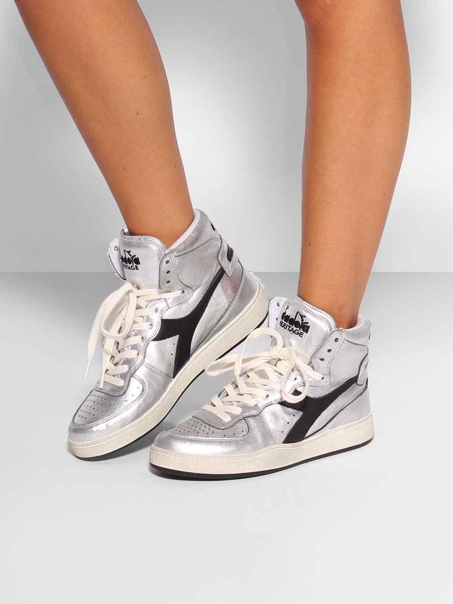 Women Diadora Sneakers | Mi Basket, Leather High Sneakers Silver Colour