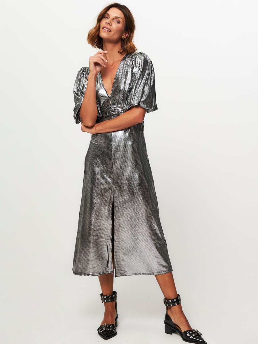 Women Notes du Nord Dresses And Tunics | Ivetta, Woven Metallic Dress Silver Colour