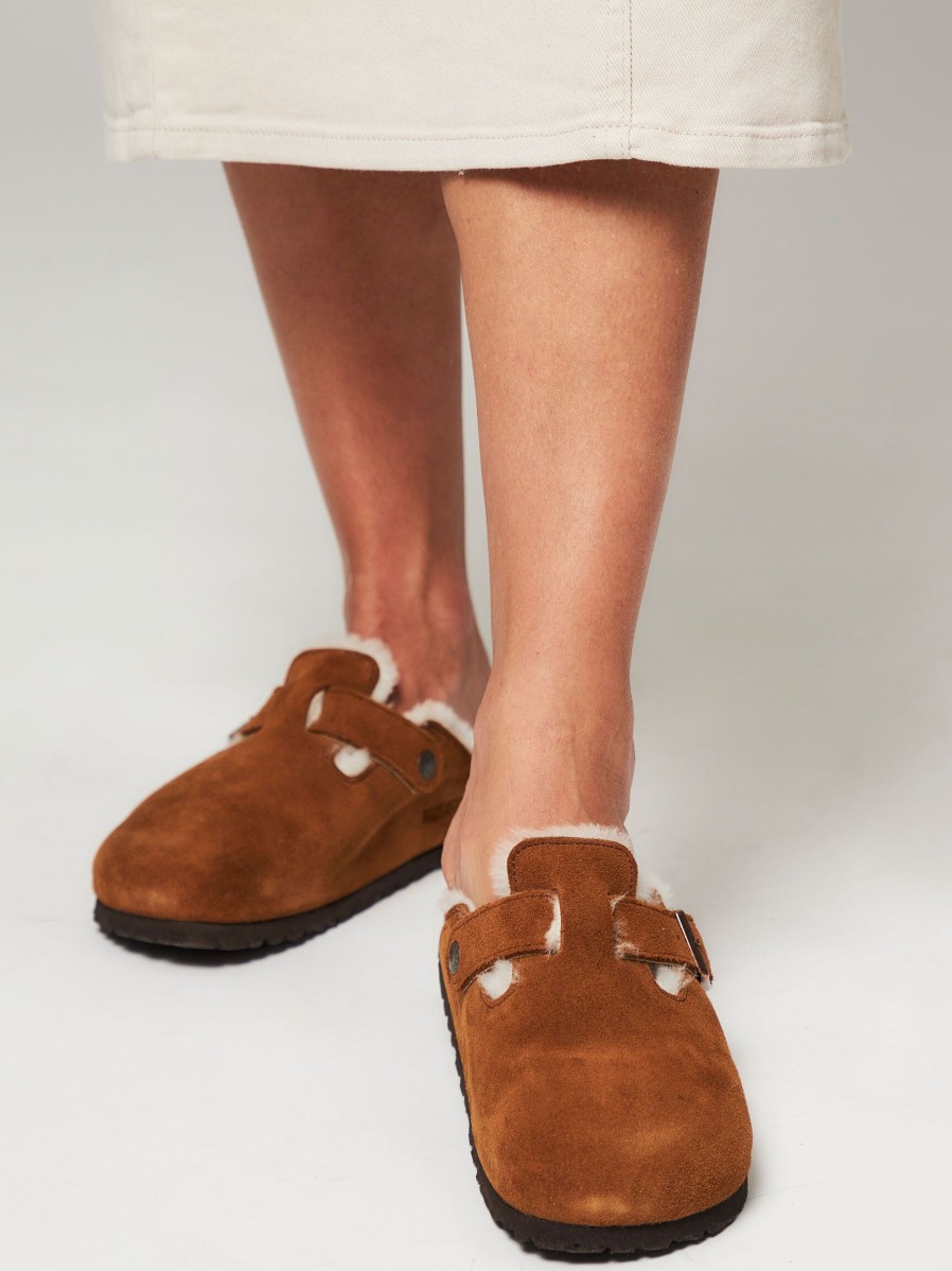 Women Birkenstock Ballet Flats And Loafers | Boston Shearling, Suede Slippers Cognac