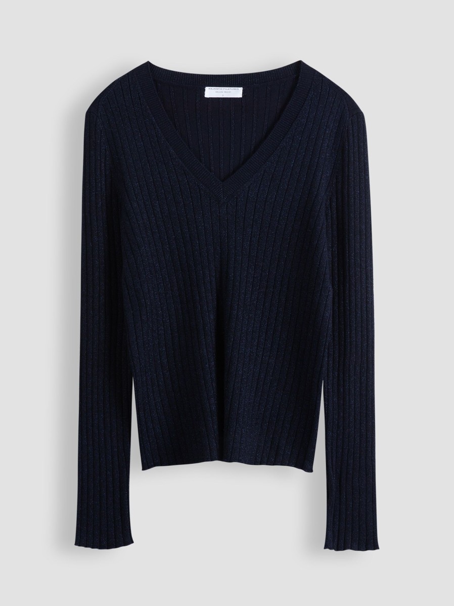 Women Majestic Filatures Sweaters And Cardigans | Cotton Mix Rib Jumper With Lurex Dark Blue