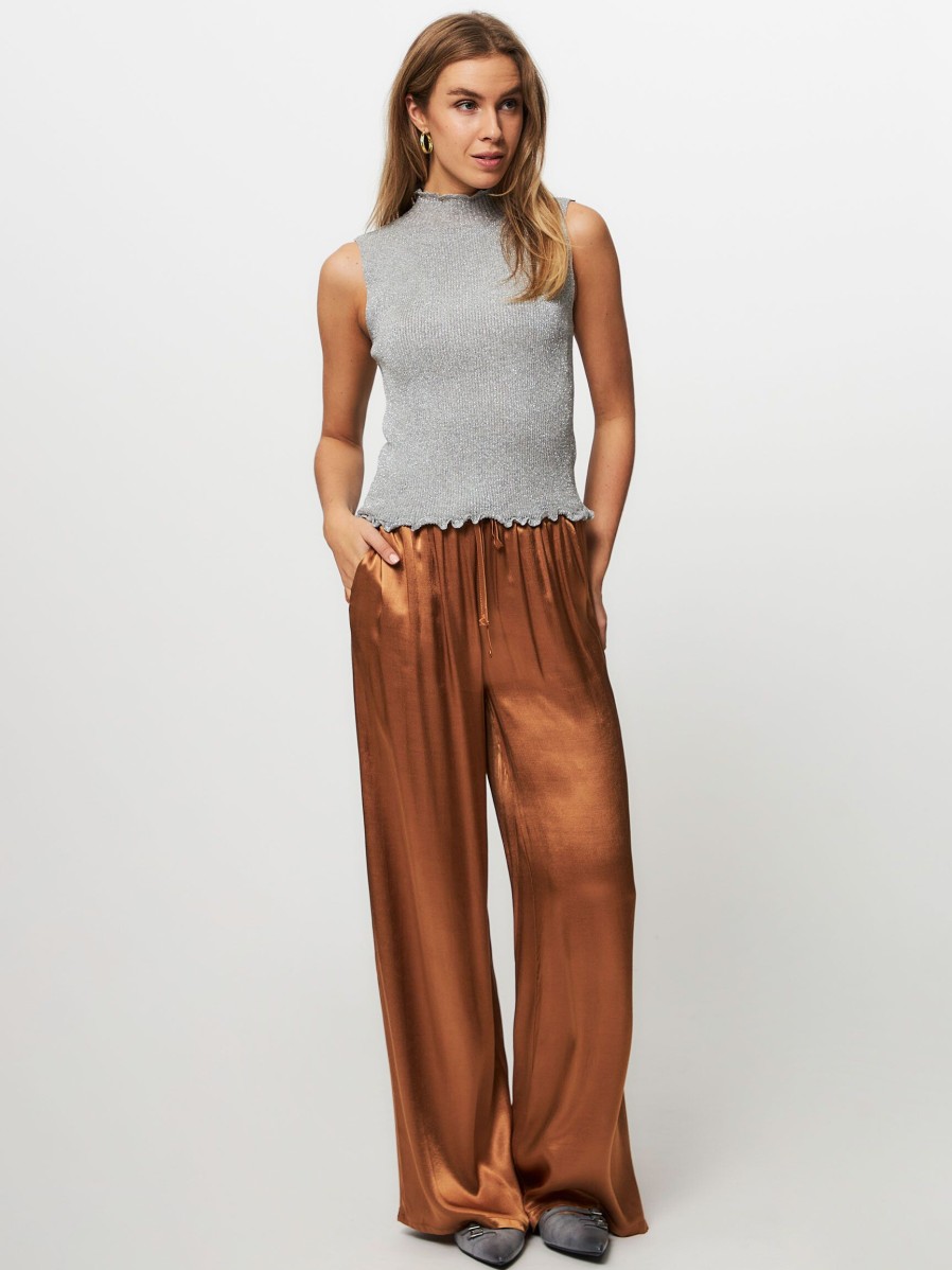 Women Alchemist Pants And Jumpsuits | River, Viscose Wide Leg Shiny Trousers Cognac