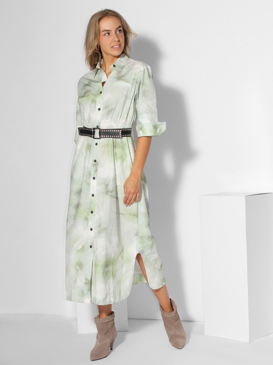 Women Ganni Dresses And Tunics | Organic Cotton Poplin Dress With Tie Dye Print Light Green