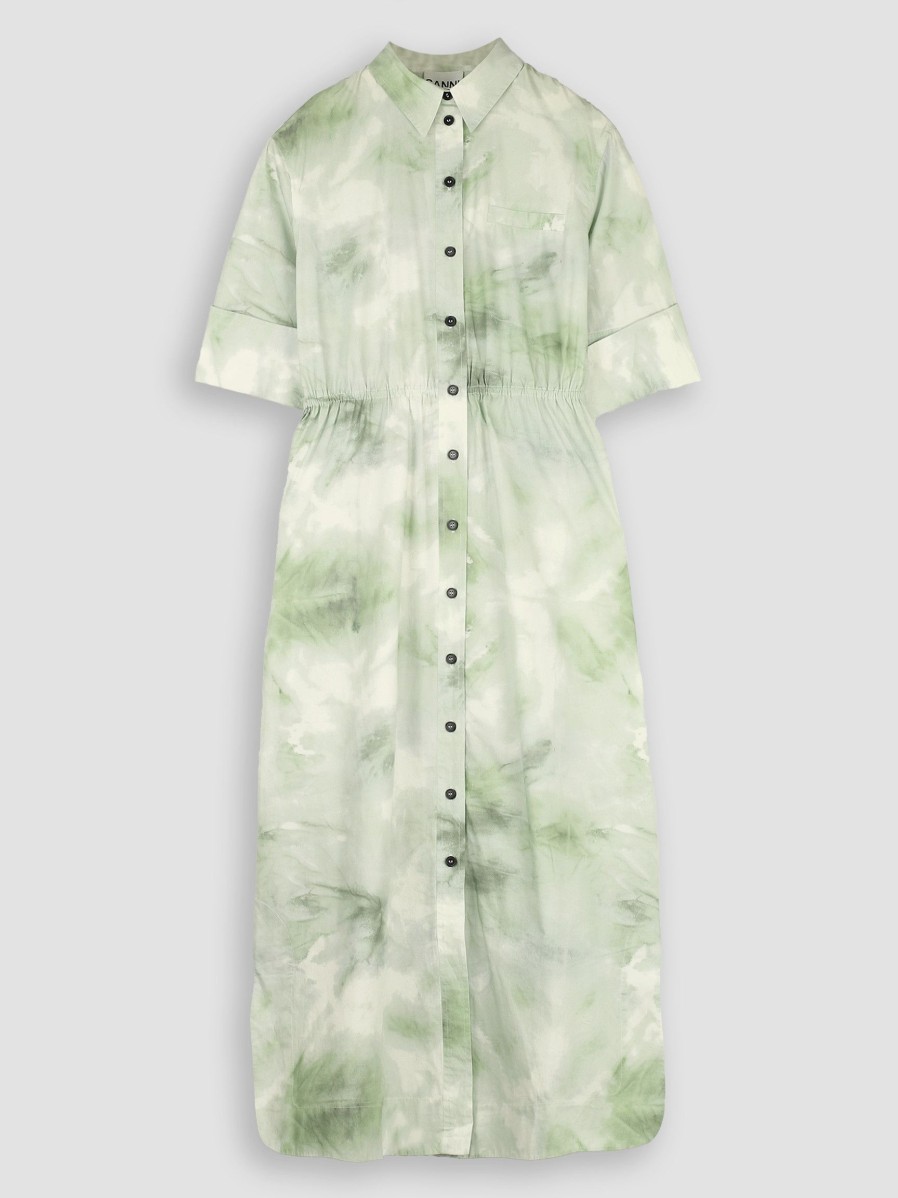 Women Ganni Dresses And Tunics | Organic Cotton Poplin Dress With Tie Dye Print Light Green