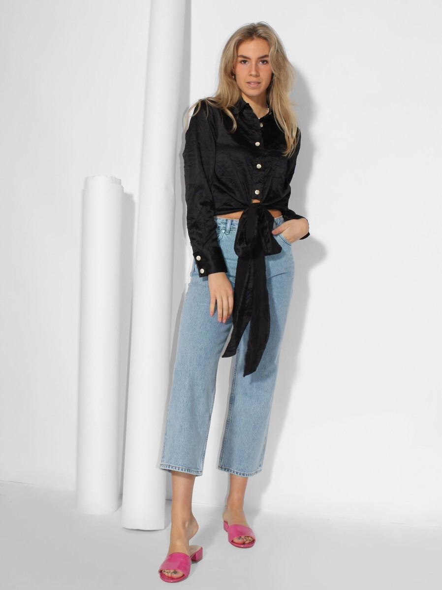 Women Ganni Tops And Blouses | Woven Cropped Blouse With Crinkled Effect Black