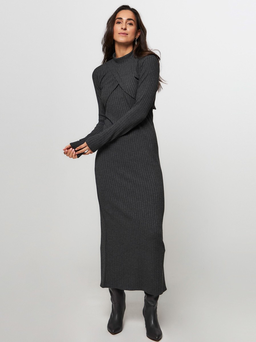 Women Club L’avenir Dresses And Tunics | Stacy, Viscose Mix Melange Two Pieces Rib Dress Dark Grey