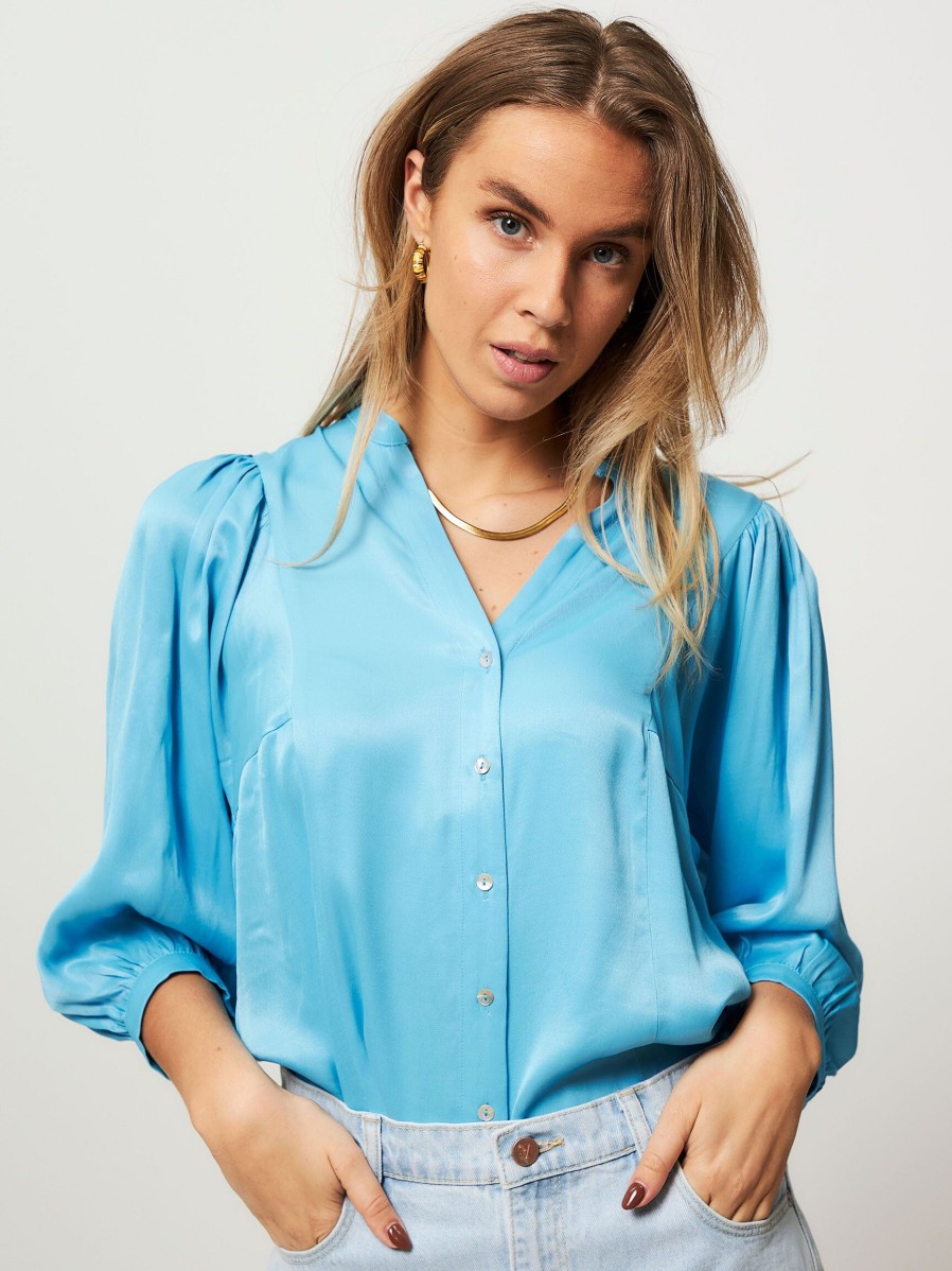 Women POM Amsterdam Tops And Blouses | Viscose Shiny Blouse Aqua Blue