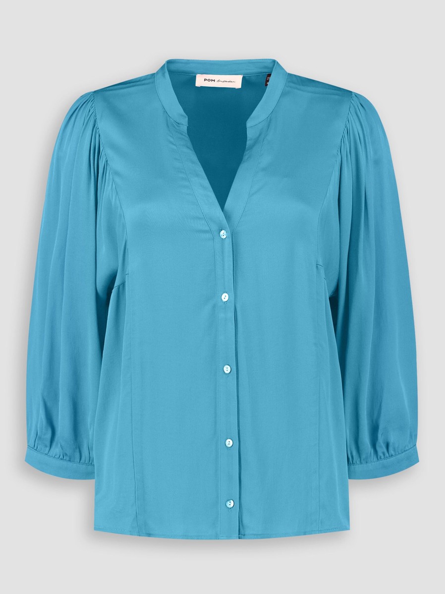 Women POM Amsterdam Tops And Blouses | Viscose Shiny Blouse Aqua Blue