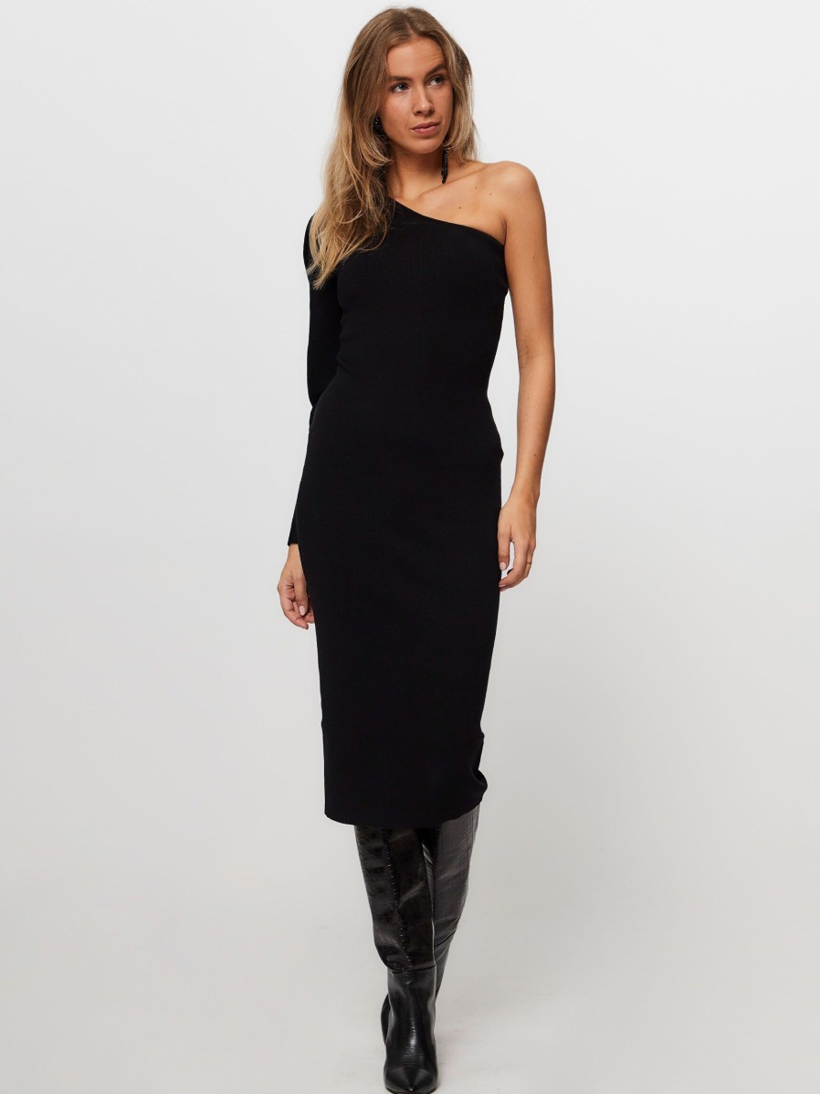 Women Essentiel Antwerp Dresses And Tunics | Emelyn, Viscose Mix One-Shoulder Rib Dress Black