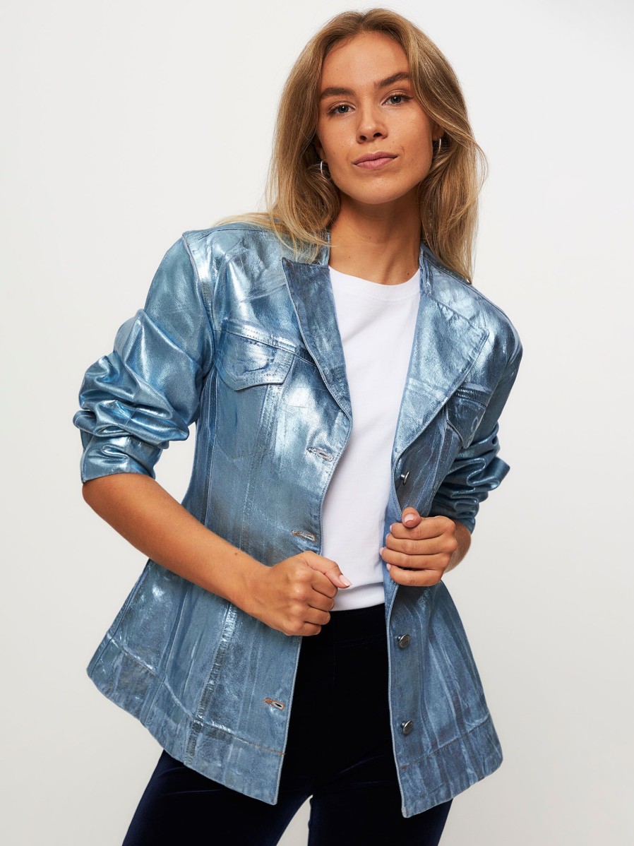 Women Ganni Blazers And Jackets | Organic Cotton Metallic Coated Jacket Blue