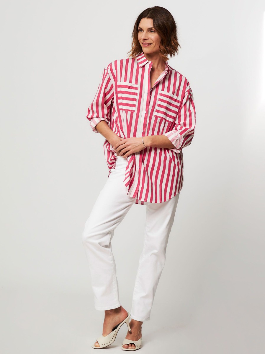 Women Denham Tops And Blouses | Olivia, Cotton Mix Striped Blouse Pink