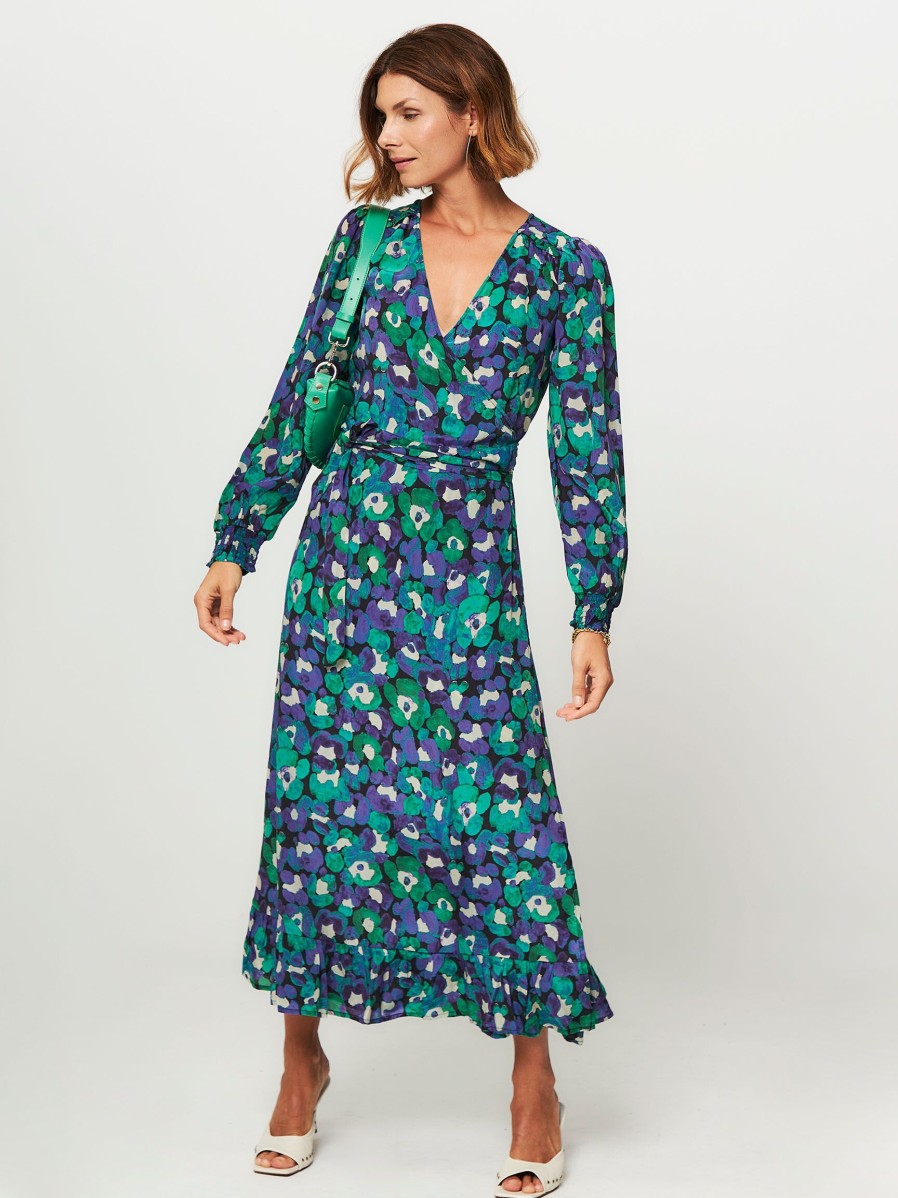 Women Fabienne Chapot Dresses And Tunics | Natalia, Viscose Mix Wrap Over Dress With Print Green