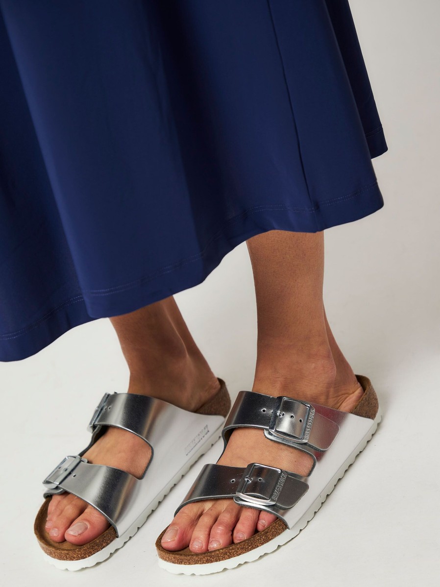 Women Birkenstock Flip Flops | Arizona, Leather Big Buckle Metallic Flip Flops Silver Colour