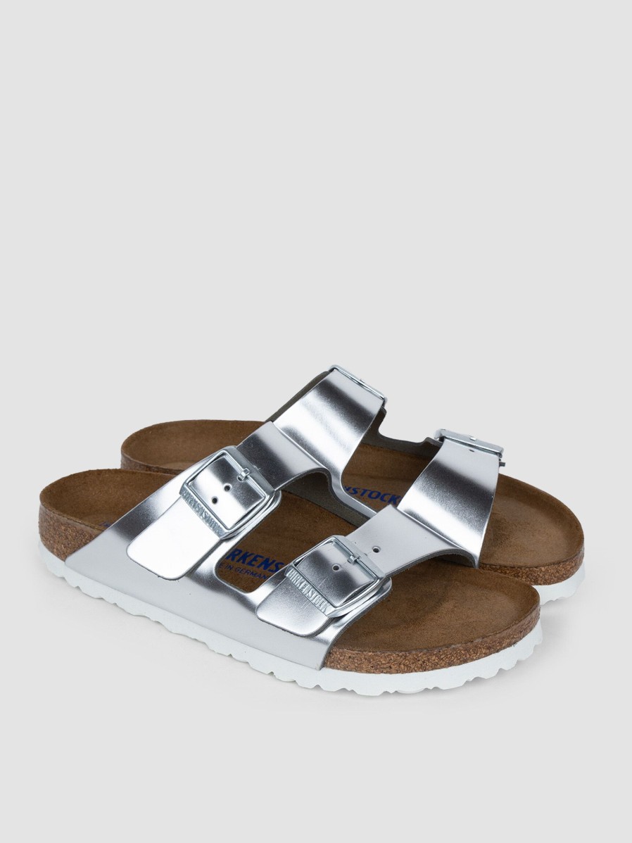 Women Birkenstock Flip Flops | Arizona, Leather Big Buckle Metallic Flip Flops Silver Colour