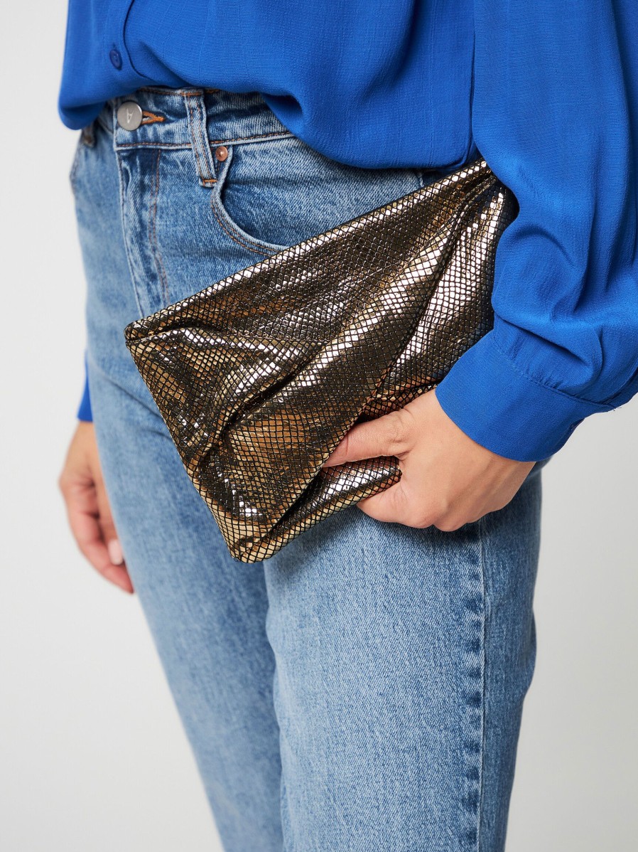 Women By Bar Bags | Leather Metallic Clutch Gold Colour